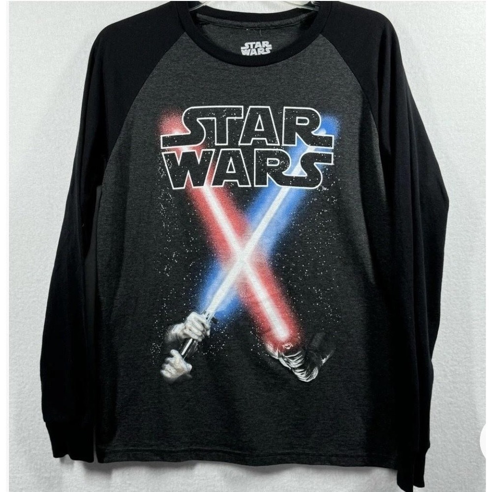 Star Wars Shirt‎ Mens XL Gray Lightsaber Graphic Long Sleeve Raglan Tee Top